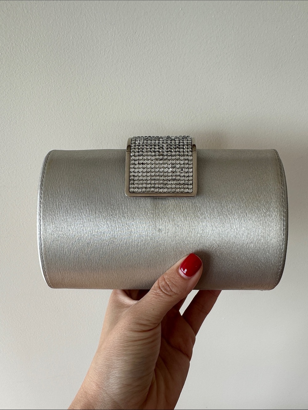 Silver Satin Crystal-Detail Evening Clutch